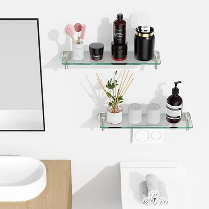 Glass Shelves for Bathroom,16-Inch Brushed Nickel Floating Bathroom Shelf Stainless Steel Tempered Glass Shelf Modern Shelves wall Mounted - color: Brushed Nickel, size: 16"without railing