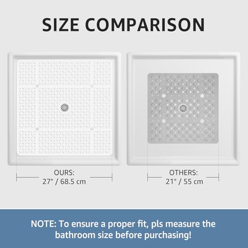 Yolife Square Shower Mat, 27" x 27" Large Shower Mat with Center Drain Hole, Soft TPE Non Slip Shower Mats for Inside Shower with Suction Cups, Anti Slip Washable Shower Floor Mat, White - color: White
