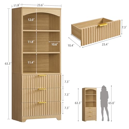 63.3" Tall Bookshelf, Bookshelves and Bookcases with Drawers, Arched Design Bookcase with Storage Cabinet, Natural Wood Grain Wave Pattern Storage Shelves for Living Room, Bedroom,Office - color: Brown