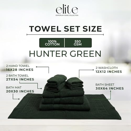 ELITE Emporium Home Collection 8-Piece Cotton Bath Towel Set - Ultra Soft, 550 GSM, Quick-Dry - Bath Sheet, Bath Towels, Hand Towels, Washcloths, Bath Mat - Luxury Bathroom Towel Set (Hunter Green) - color: Hunter Green