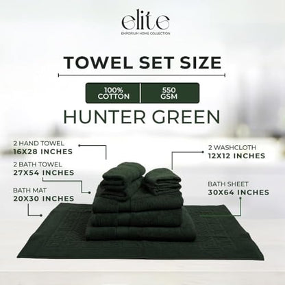 ELITE Emporium Home Collection 8-Piece Cotton Bath Towel Set - Ultra Soft, 550 GSM, Quick-Dry - Bath Sheet, Bath Towels, Hand Towels, Washcloths, Bath Mat - Luxury Bathroom Towel Set (Hunter Green) - color: Hunter Green