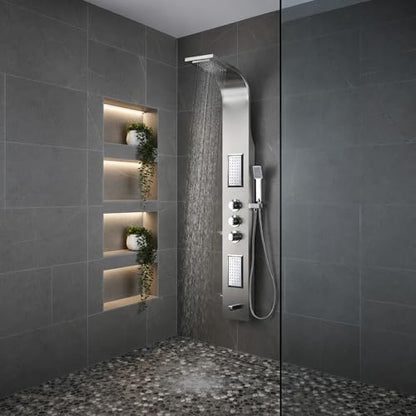 ANZZI Shower Panel Tower, Field 58 Inch Long Turbo High Pressure Shower | Handheld Sprayer Type Free Reign Euro Grip With 60 Reach, Includes One 1 Mesa Full Body One 1 Heavy Rain Head