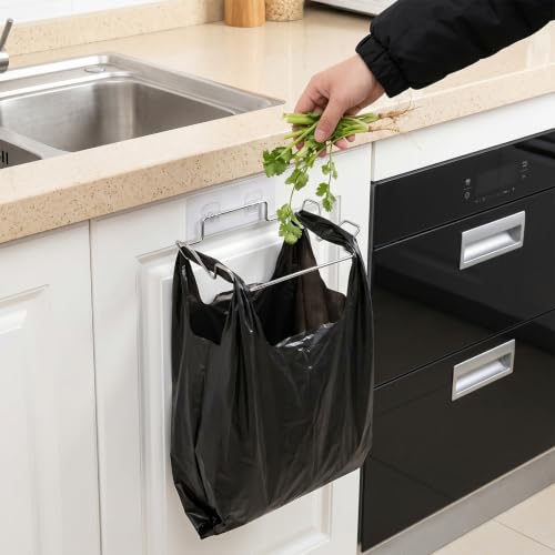 Trash Bag Holder, Stainless Steel Portable Garbage Bag Holder for Kitchen Cabinet Door, Small Under Sink Garbage Can, Space Saving Bag Hanger for Home Laundry Bathroom