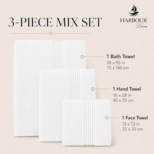 Towel Set for Bathroom, 3 Piece Turkish Cotton Bath Hand and Wash Towels | Mixed size set in Ice White, 600 gram weight. Double stitched hems suit family and guest use. - color: Ice White