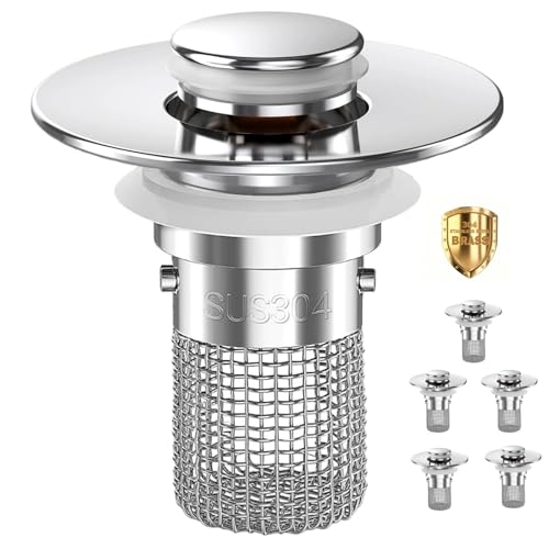 Bathroom Sink Drain Strainer,Pop Up Sink Stopper with Removable Stainless Steel Hair Catcher Basket, Anti-Clog Bathroom Sink Drain Plug for 1.1-2.36 Inch Drain Holes (Sliver 5Pcs) - color: Sliver-5pcs