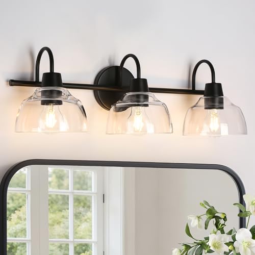 KSANA Black Bathroom Light Fixtures, Modern Farmhouse Vanity Lights Over Mirror 3-Light Bathroom Wall Mounted Sconce with Dome Glass Shade - size: 3-Light