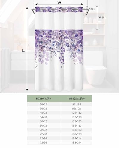 No Hook Shower Curtain and Snap in Liner Set, Purple Eucalyptus Fabric Bathroom Stall Shower Curtains 54x78, See Through Mesh Top Window, Spring Summer Botanical Floral Leaves Country Hotel Style - color: Purple, size: 54"W x 78"L (Pack of 1)