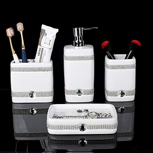 CAA'S Bathroom Accessories Set Ceramic 4 Pieces Bathroom Ensemble for Bath Decor Includes Lotion Dispenser Toothbrush Holder Tumbler Soap Dish (White Inlaid Zircon) - style: Luxurious