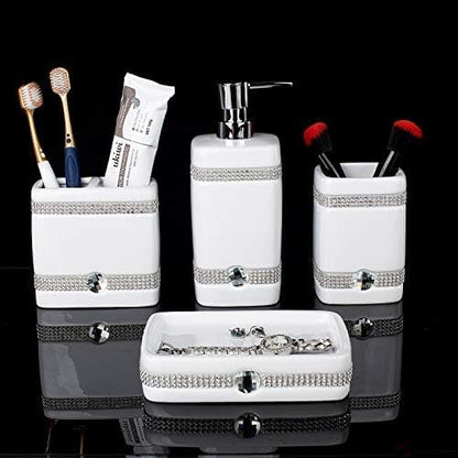 CAA'S Bathroom Accessories Set Ceramic 4 Pieces Bathroom Ensemble for Bath Decor Includes Lotion Dispenser Toothbrush Holder Tumbler Soap Dish (White Inlaid Zircon) - style: Luxurious