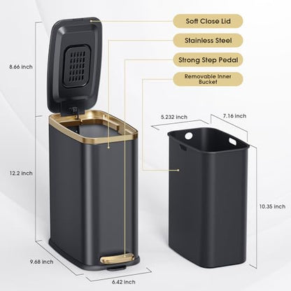 CEROELDA Small Bathroom Trash Can with Lid Soft Close-5L/1.3 Gal Slim Garbage Can-Metal Step Wastebasket-Rectangle Narrow Waste Bin for Office, Bedroom, Toilet, Live Room (Black) - color: Black, size: 1.3 Gallon