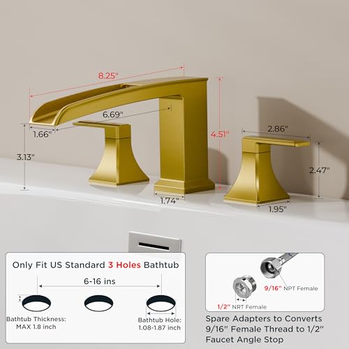 FORIOUS Roman Bathtub Faucet 3 Hole Deck Mount with 2 Handle Brushed Gold | Tub Faucet for 3-Hole Set, 6-12" Centered Distance, Widespread Garden Bath Tub, Waterfall Spout, High Flow, Brass - color: Brushed Gold