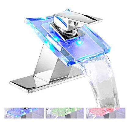 Bathroom Sink Faucet LED Light 3 Colors Changing Waterfall Glass Spout | Chrome, Hot Cold Water Mixer, Single Handle One Hole, Deck Mounted, Lavatory Vanity Basin Bath - color: Chrome, style: with LED Light