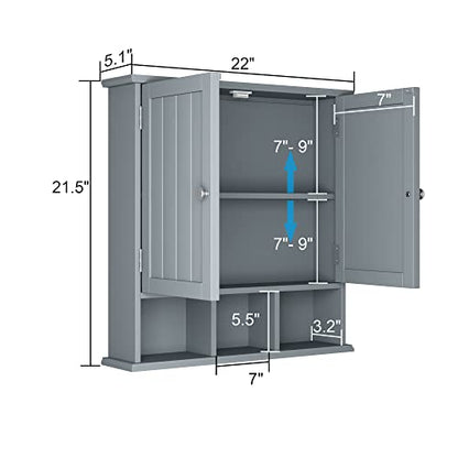 ChooChoo Bathroom Wall Cabinet with Adjustable Shelves,Grey | Wall Mounted,2-Door,3 Open Shelves,Medicine Cabinets,Space Saver Storage,Over The Toilet,Bathroom,Living Room - color: Grey