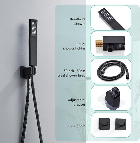 10 Inch Shower Faucet Set, Ceiling Mounted Rainfall Shower System with High Pressure Handheld Shower Head, Bathroom Mixer Shower Set Rough-in Valve and Trim Kit, Matte Black, with Tub Spout - color: Matte Black with Tub Spout, style: 10 Inch