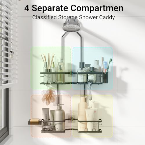 Adjustable Shower Caddy Hanging Rustproof Shower Caddy for Handheld Showerheads, Shower Organizer with Hooks Soap Holder, Anti-Swing Shower Rack Bathroom Accessories (Black) - color: Black