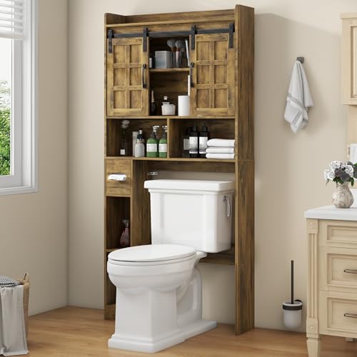 Halitaa Over The Toilet Storage Cabinet with Sliding Doors,Brown | Farmhouse Storage Cabinet Over Toilet, Home Space-Saving Toilet Rack, for Restroom, Bathroom, Laundry. - color: Brown, style: Sliding Doors