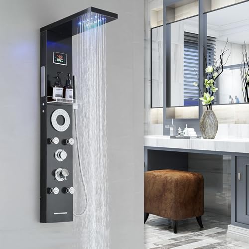 RUMOSE Matte Black Shower Panel Tower System, 5-Mode Shower Faucet Set | LED Light Rainfall Shower Head Digital Display with Massage Jets Tub Spout Shower Shelves, Stainless Steel, Wall Mount - color: Matte Black