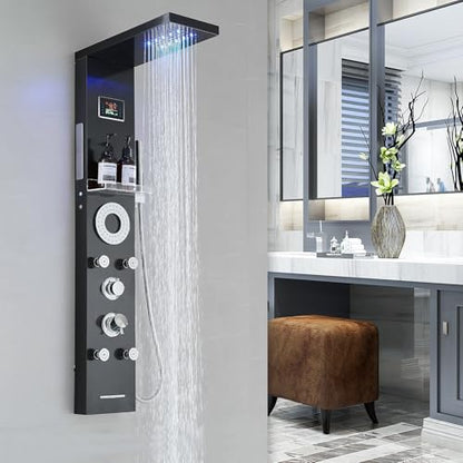 RUMOSE Matte Black Shower Panel Tower System, 5-Mode Shower Faucet Set | LED Light Rainfall Shower Head Digital Display with Massage Jets Tub Spout Shower Shelves, Stainless Steel, Wall Mount - color: Matte Black