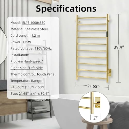 P&Dlusir EL13 Heated Towel Rack, Polished Gold, 10 Bar | Fast Heat in 2 Min, Smart Timer, Thermo Control, Memory Functoion, Stainless Steel, Hard-Wired/Plug-in - color: Polished Gold, size: 21.65"W x 39.37"H