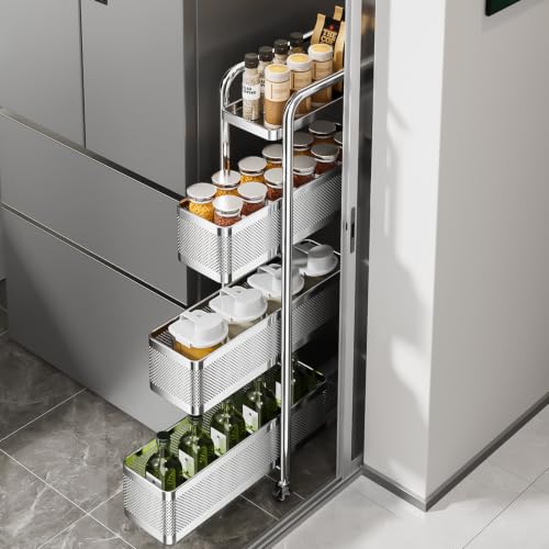 4-Tier Slim Storage Cart with 3 Slide-Out Drawers, 6.3" Sturdy Stainless Steel Rolling Utility Cart Organizer for Narrow Space, Kitchen, Bathroom, Laundry Room, Pantry, Stable & Rustproof