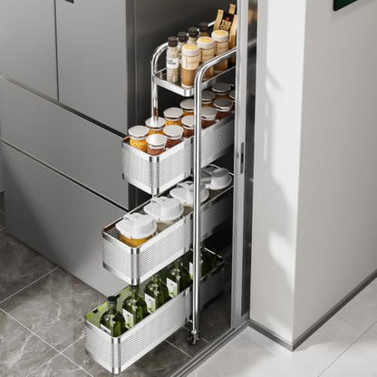 4-Tier Slim Storage Cart with 3 Slide-Out Drawers, 6.3" Sturdy Stainless Steel Rolling Utility Cart Organizer for Narrow Space, Kitchen, Bathroom, Laundry Room, Pantry, Stable & Rustproof