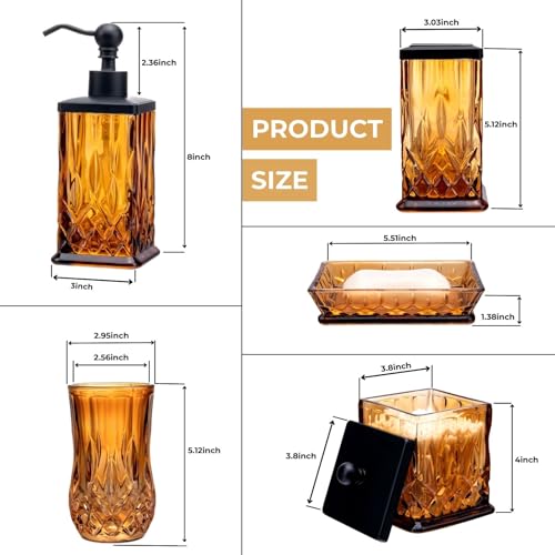 Amber Bathroom Accessories, Square Thick Glass & Zinc Alloy Pump | Beautiful & weight, 5 pcs soap dispenser, toothbrush holder, soap dish, tumbler & jar, for mission/amish style - style: Square(Amber)