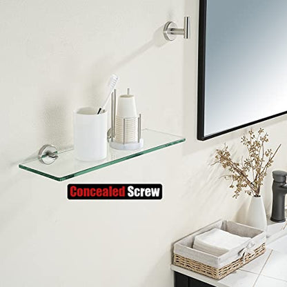 JQK Bathroom Glass Shelf, Tempered Glass Shower Storage 14 by 5 inches, 304 Stainless Steel Brushed Finish Wall Mount, TGS101L14-BN - color: Brushed, size: 14 Inch (1 Pack)
