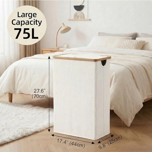 efluky Slim Laundry Basket with Lid, Narrow Laundry Hamper with Removable Bag, Skinny Dirty Clothes Basket with Bamboo Handles for Bathroom, Bedroom & Laundry Room, 75L Beige - color: Beige, size: 75L