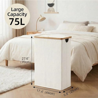 efluky Slim Laundry Basket with Lid, Narrow Laundry Hamper with Removable Bag, Skinny Dirty Clothes Basket with Bamboo Handles for Bathroom, Bedroom & Laundry Room, 75L Beige - color: Beige, size: 75L