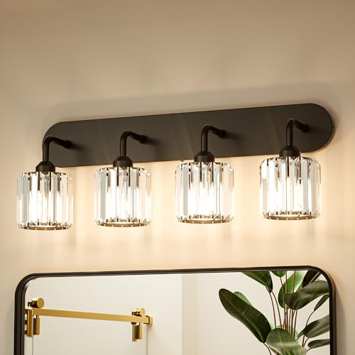 Keonjinn 4-Light Bathroom Light Fixtures, Crystal Black Bathroom Vanity Lights Over Mirror, Vanity Lighting Fixtures with Crystal Square Shades (E26 Socket, Exclude Bulb) - color: Black, size: 4-Light