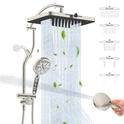 Hibbent 13'' 5 Spray Showerhead, 10 Mode Filtered Handheld, Brushed Nickel | High Pressure Rain Showerhead, 4-way Diverter, Upgraded Heightened All Metal Extension Arm, 71'' Hose & Holder, Easy Reach - color: Brushed Nickel, style: Square 13" with 1 filte