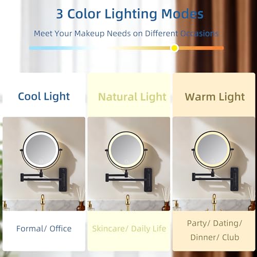 Wall Mounted Makeup Mirror with Light, 8" Double Sided 1X/10X Magnifying Mirror, Rechargeable, 3 Color Lights, Touch Dimmable, 360° Rotation & Extendable Arm