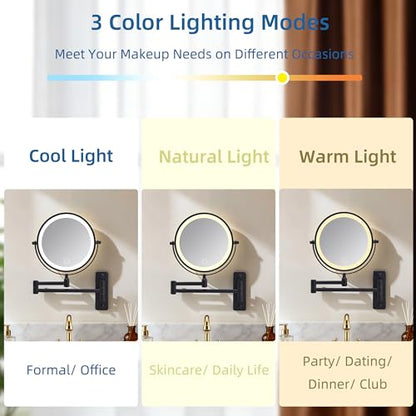 Wall Mounted Makeup Mirror with Light, 8" Double Sided 1X/10X Magnifying Mirror, Rechargeable, 3 Color Lights, Touch Dimmable, 360° Rotation & Extendable Arm