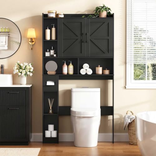 Vabches Over The Toilet Storage Cabinet with 2 Barn Doors, Black | Farmhouse Storage Cabinet with Toilet Paper Holder Stand，Home Space-Saving Toilet Rack, for Bathroom, Restroom, Laundry - color: Black, style: 2 Barn Doors