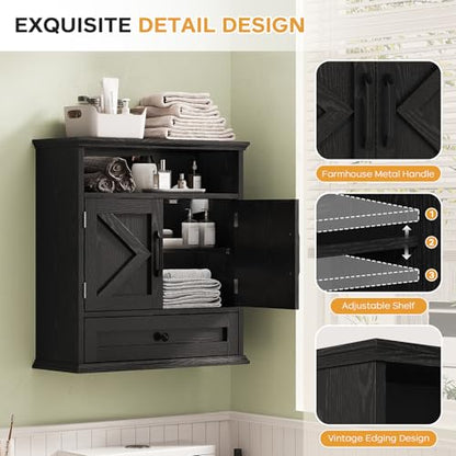 Bathroom Wall Cabinet, Wall Mounted Medicine Cabinet 24.4"H x 23.6"W x 9"D | With Drawer, Barn Doors & Adjustable Shelf, Black Over Toilet Farmhouse Storage Cabinet for Kitchen, Laundry Room, Entryway - color: Black