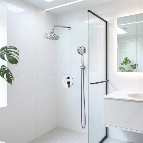 EMBATHER 8'' Shower System with Handheld Trim Kit, Polished Chrome | 2-IN-1 Shower Faucet Set, 3-Mode Shower Head, 8-Setting Handheld Spray, Pressure-balanced Valve & Trim Kit - color: Polished Chrome, size: 8 Inch