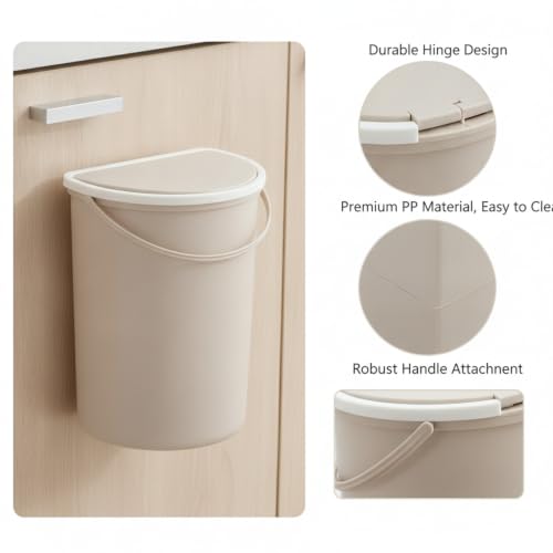 Wall Mounted Trash Can with Lid, 1.06 Gallon Space Saving Waste Bin for Bathroom Kitchen Cabinet Door, Compact PP Plastic Garbage Can