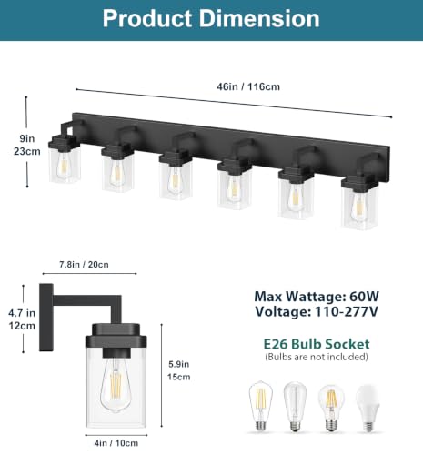 Matte Black Bathroom Light Fixtures, Modern Vanity Lights with Clear Glass Lamp Shade, Bathroom Lighting Fixtures Over Mirror, Restroom Vanity Lighting Fixture, 6-Light 46 Inch - color: Blakc, size: 6-Light