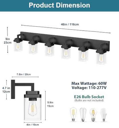 Matte Black Bathroom Light Fixtures, Modern Vanity Lights with Clear Glass Lamp Shade, Bathroom Lighting Fixtures Over Mirror, Restroom Vanity Lighting Fixture, 6-Light 46 Inch - color: Blakc, size: 6-Light