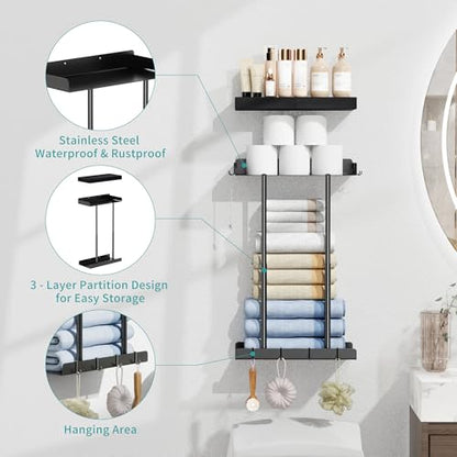 Vervida® Bathroom Towel Storage Rack, Towel Racks for Bathroom Wall Mounted Floating Shelf, Wall Towel Rack for Rolled Towels - size: 15" Towel Rack