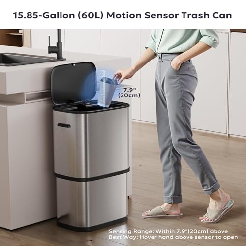 Furnify 16 Gallon / 60L Kitchen Trash Can, Motion Sensor Trash Bin with Lid | Large Capacity Touchless Garbage Waste Bin, Waterproof Brushed Trash Bin, Trash Can for Kitchen Bedroom Bathroom - color: Silver