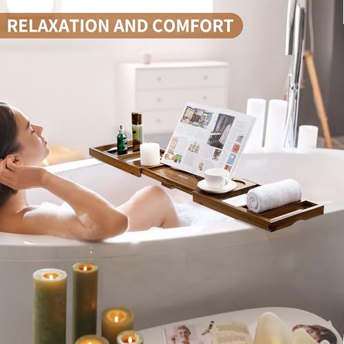 Luxury Teak Bathtub Tray - Foldable Bath Caddy with Expandable Handles, Wine Glass & Phone Holder, Book Stand - Enhance Home Spa Experience with Natural Material - Relaxing & Reading, Teak - color: Teak