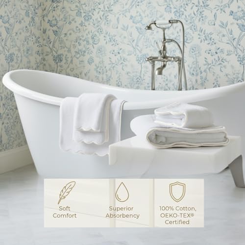 Lotus Linen Luxury Scallop Piping Towel Set of 6, 620 GSM 100% Zero Twist Cotton, 2 Bath, 2 Hand Towels, 2 Washcloths, Hanging Loops, Ultra Soft Absorbent Bathroom Essentials (Pack of 6) - color: White Piping, size: Towel Set (Pack of 6)