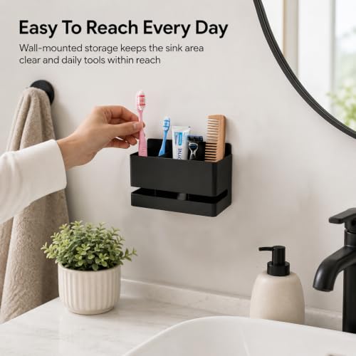 Black Aluminum Wall Mount Toothbrush Holder, 3 Slot No Drill Bathroom Organizer with Drain Holes, Holds Toothpaste Shaver Comb Multipurpose Household Storage Rack for Bathroom Kitchen Use
