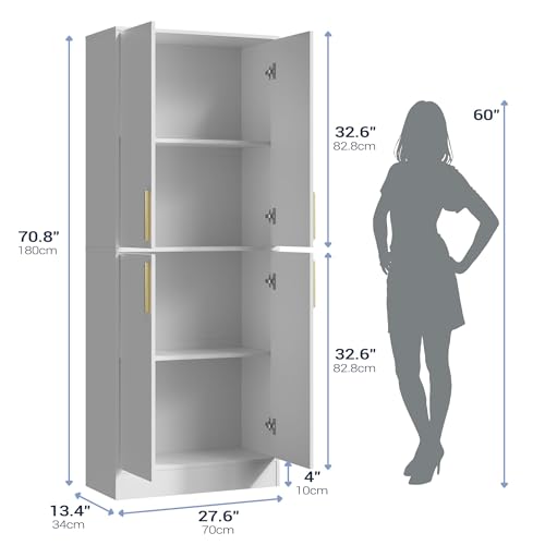 Housoul 71" Tall Pantry Cabinet with 4 Doors, Kitchen Pantry Storage Cabinet, Freestanding Larder Cupboard, Kitchen Hutch with Gold Handles for Dining Room, Bathroom, White - color: White