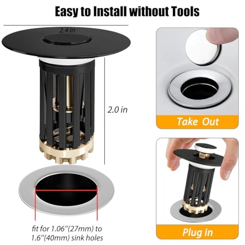 Anlige 3 in 1 Pop Up Bathroom Sink Stopper, Bathroom Sink Drain Strainer, with Removable Basket Hair Catcher, Universal Sink Plug Cover for 1.06 in to 1.6 in Drain, Matte Black - color: Matte Black