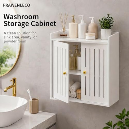 Bathroom Wall Cabinet, Wall Mounted Bathroom Organizer with Double Doors, No Drill PVC Storage Shelf for Toilet, Vanity, Washroom, Sink Area, White Bathroom Cabinet, 15.7 x 7.9 x 15.7 in