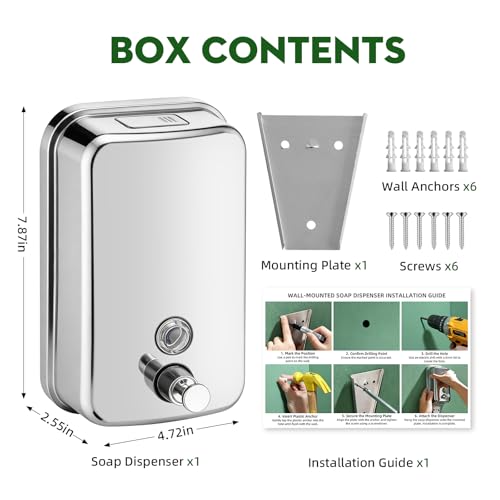 RYTOXILO Wall Mounted Soap Dispenser Silver Stainless Steel Commercial Soap Dispenser Hand Soap Dispenser for Bathroom Kitchen Home (34 fl oz / 1000ml) - color: Silver
