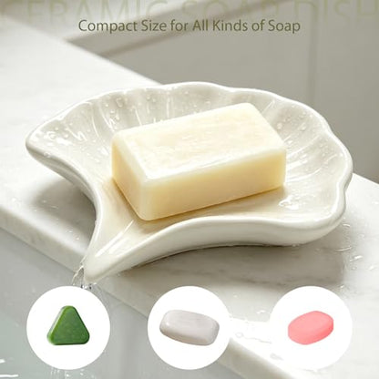 Ceramic Soap Holder, Seashell Self-Draining Soap Tray for Sink, Bathroom, Shower, Small Elegant Glazed Soap Dish, Easy to Clean (White) - color: White