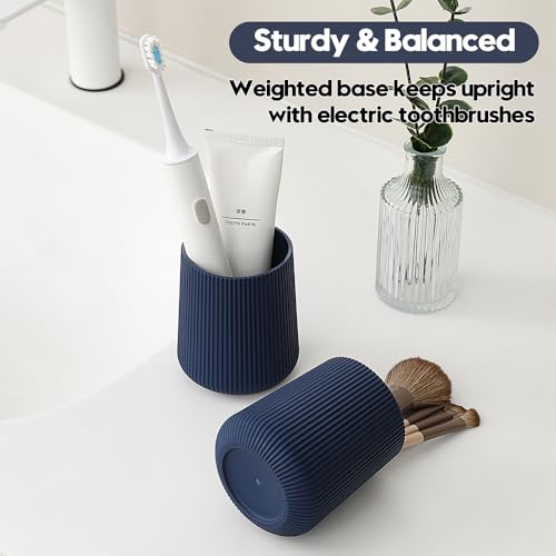 YAUKPH Navy Blue Striped Toothbrush Holder | for Electric Toothbrushes Bathroom Organizer Cup for Toothpaste Kids & Adults - color: Blue Ribbed